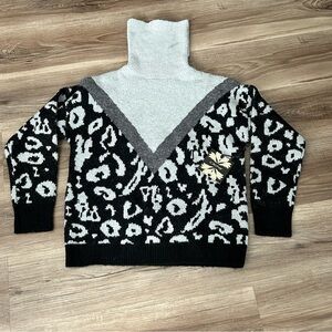 Cliche Wool Blend Gray Black Cheetah Turtle Neck Knit Sweater Women Size S NWT